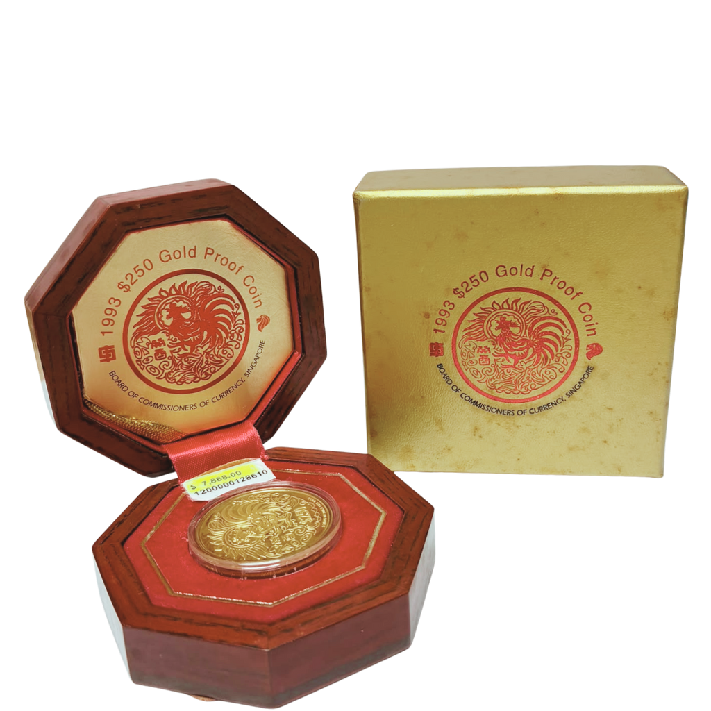 The Singapore Mint 999.9YG 1993 Singapore SGD250 Year Of The Rooster Gold Proof Coin 31.1GM