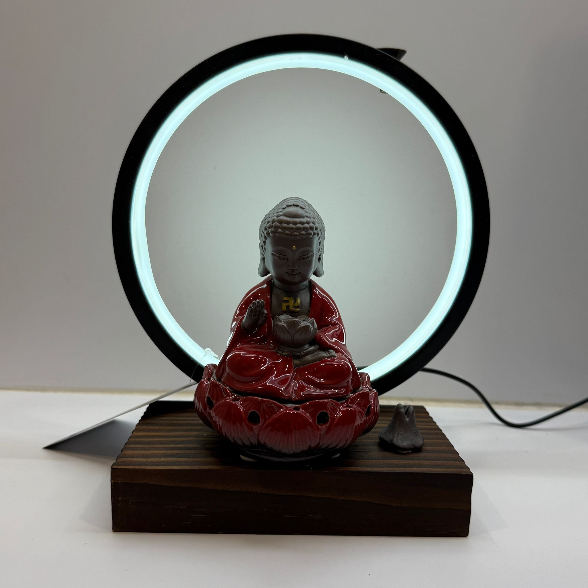 Red Buddha Incense Pot With LED Ring (Adjustable Light)