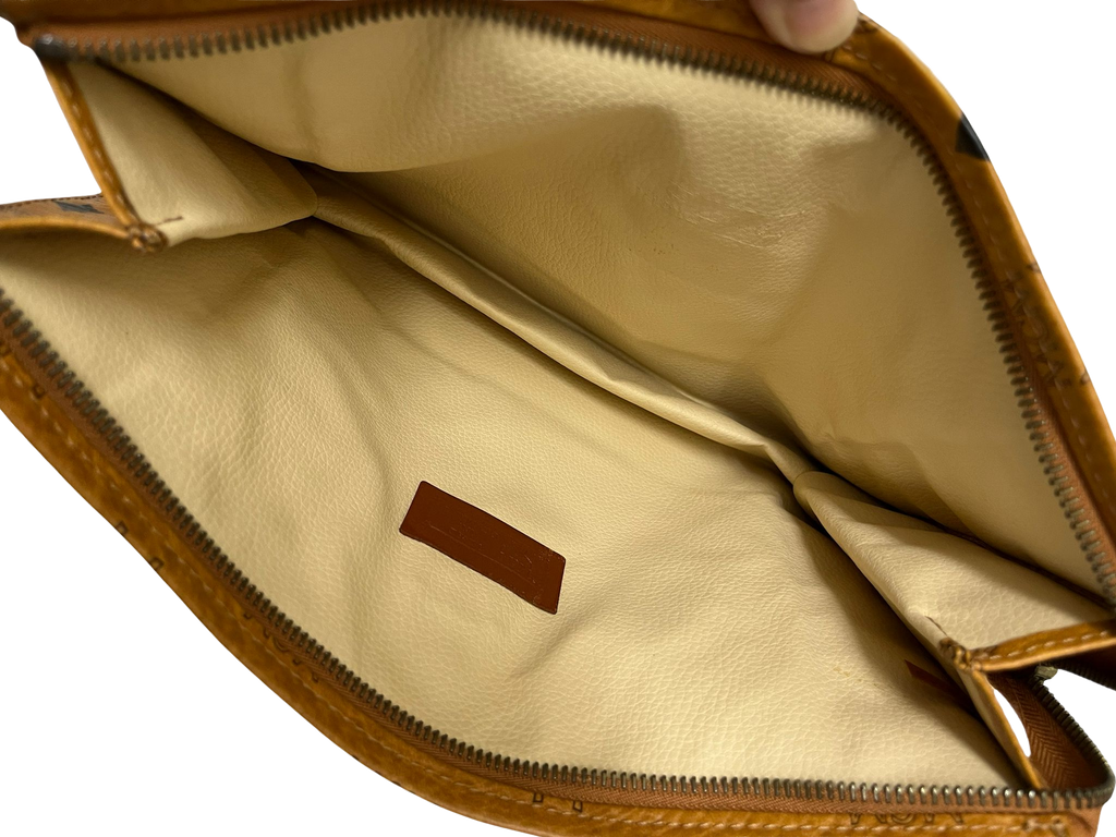 MCM Aren Medium Wristlet Zip Pouch Visetos Cognac Coated Canvas And Nappa Leather 29cm