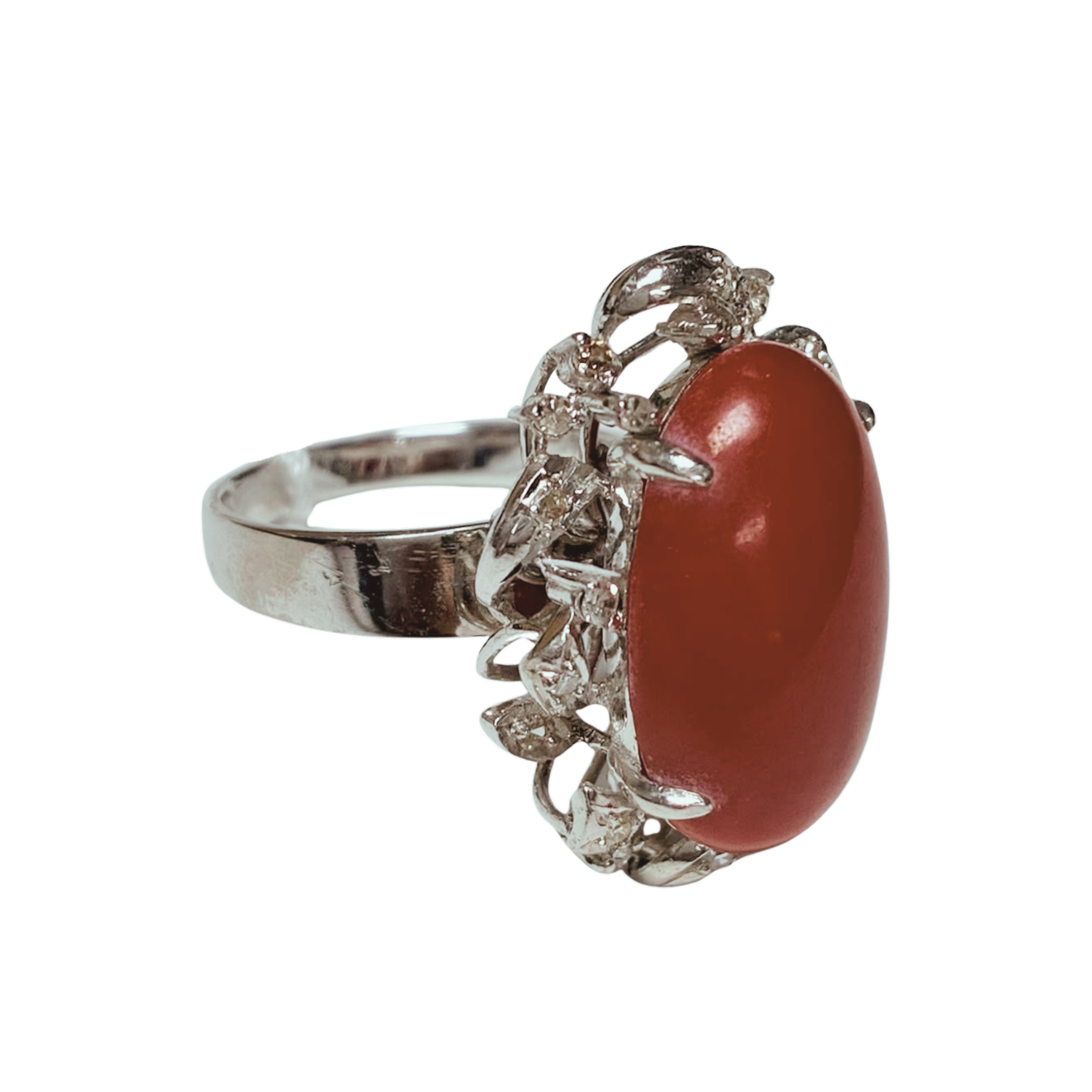 18KWG Oval Red Coral Cabochon And Diamond Ring 9.4GM Secondary image