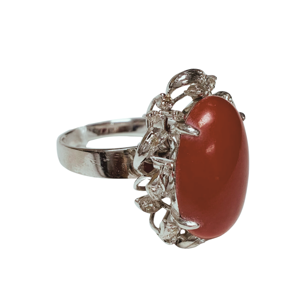 18KWG Oval Red Coral Cabochon And Diamond Ring 9.4GM