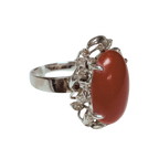18KWG Oval Red Coral Cabochon And Diamond Ring 9.4GM