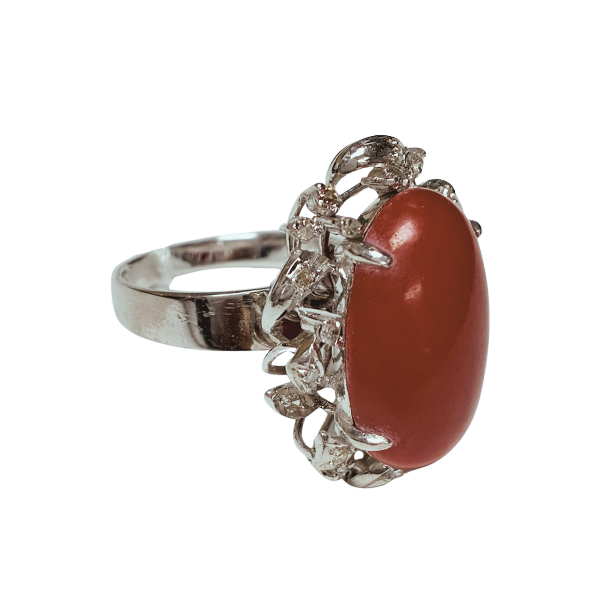 18KWG Oval Red Coral Cabochon And Diamond Ring 9.4GM