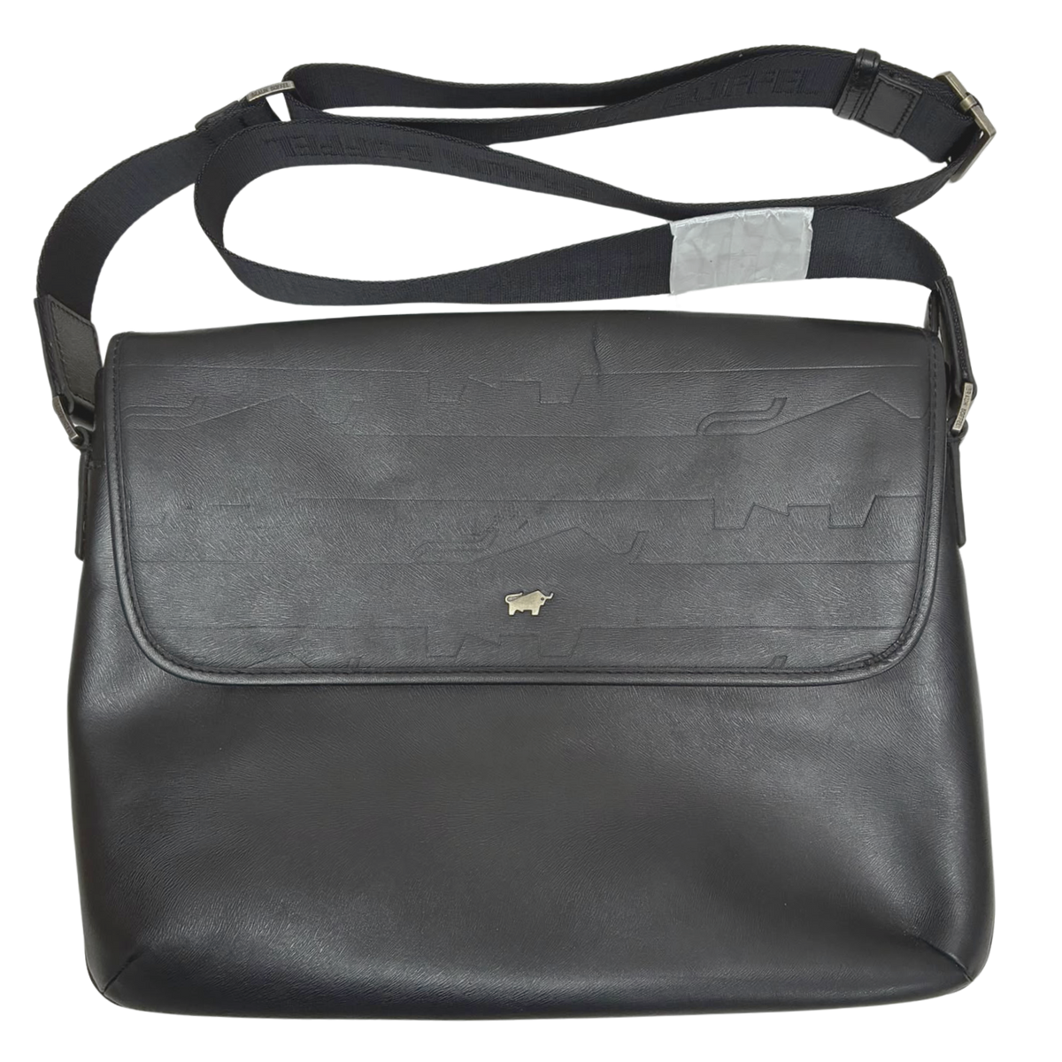 Braun Buffel Black Leather Messenger Bag Embossed Wave Pattern Flap Main image