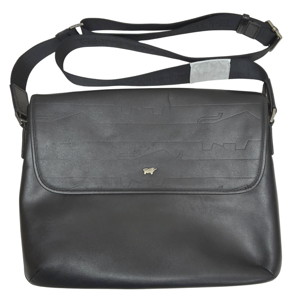 Braun Buffel Black Leather Messenger Bag Embossed Wave Pattern Flap