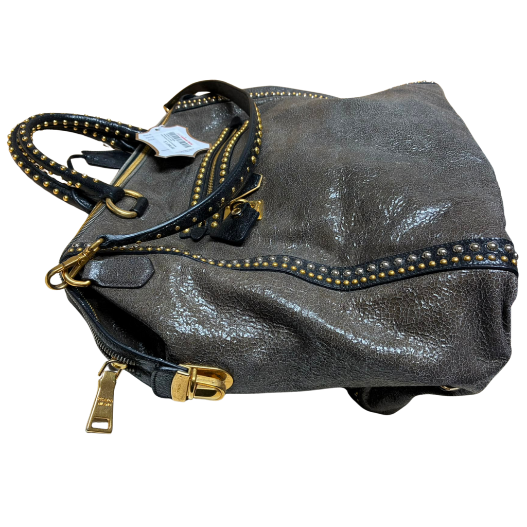 Prada Craquele Leather Studded Bauletto Large Tote