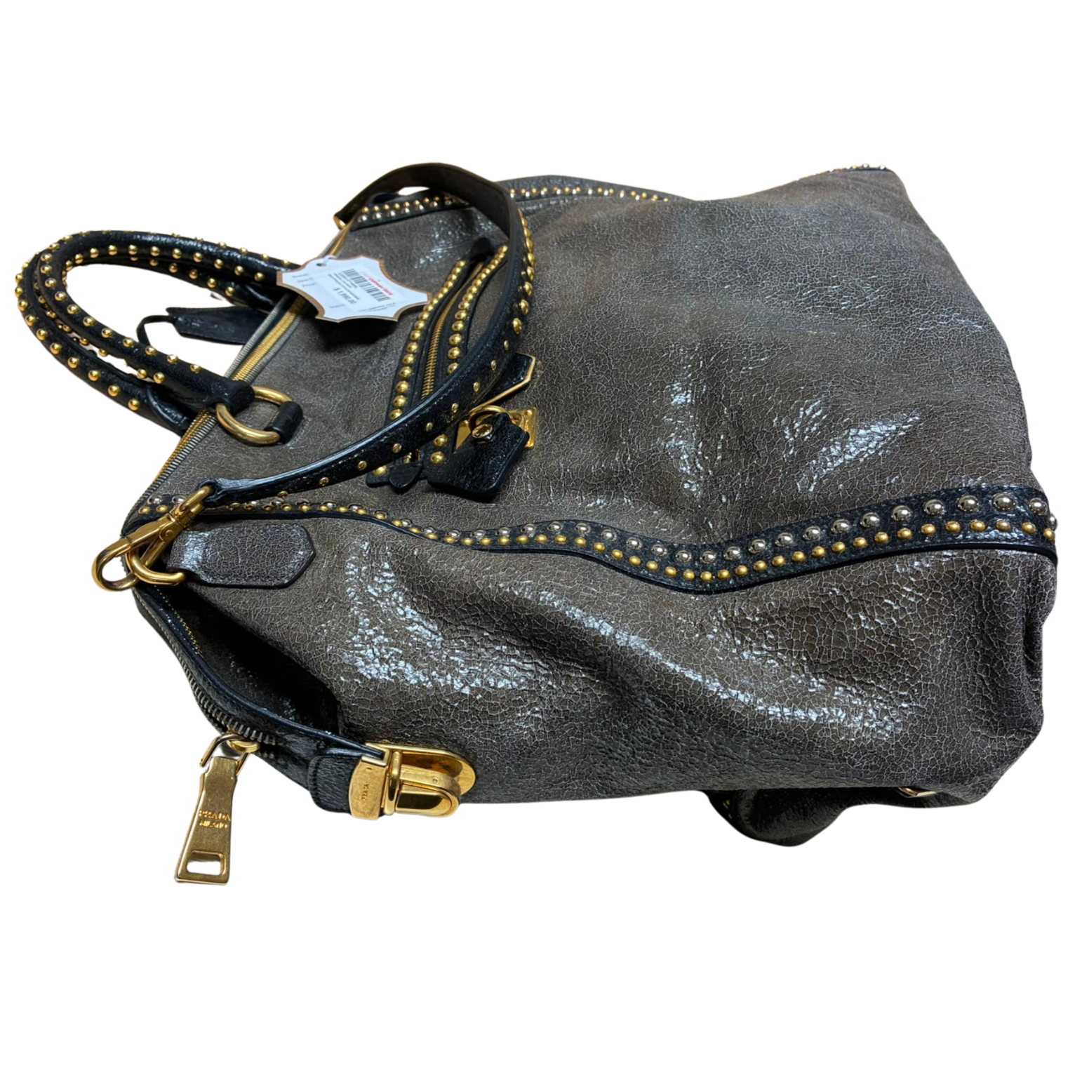 Prada Craquele Leather Studded Bauletto Large Tote