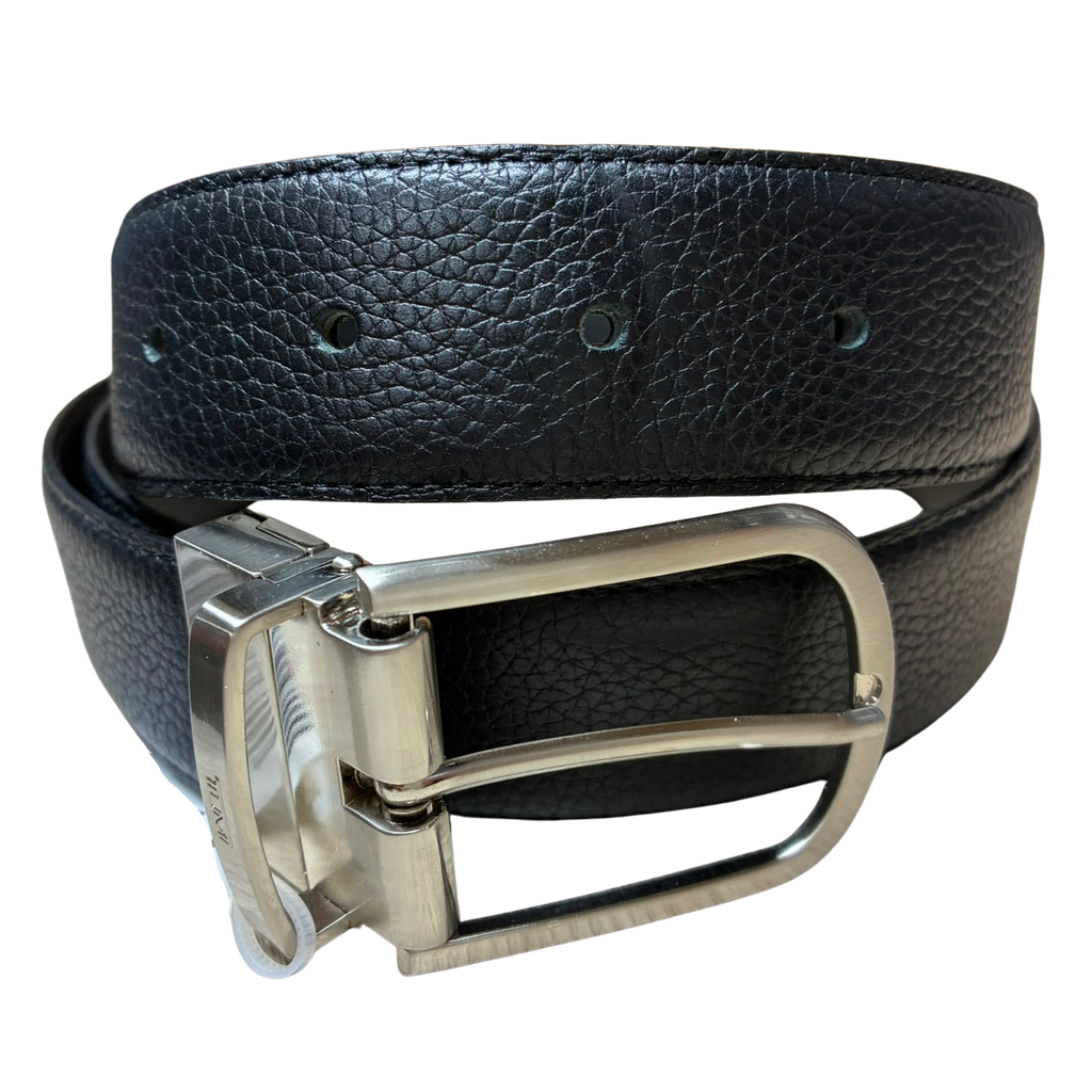 Tumi Reversible Adjustable Leather Belt Black Strap Silver Toned Buckle Rectabgular Pin