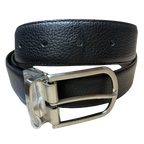 Tumi Reversible Adjustable Leather Belt Black Strap Silver Toned Buckle Rectabgular Pin