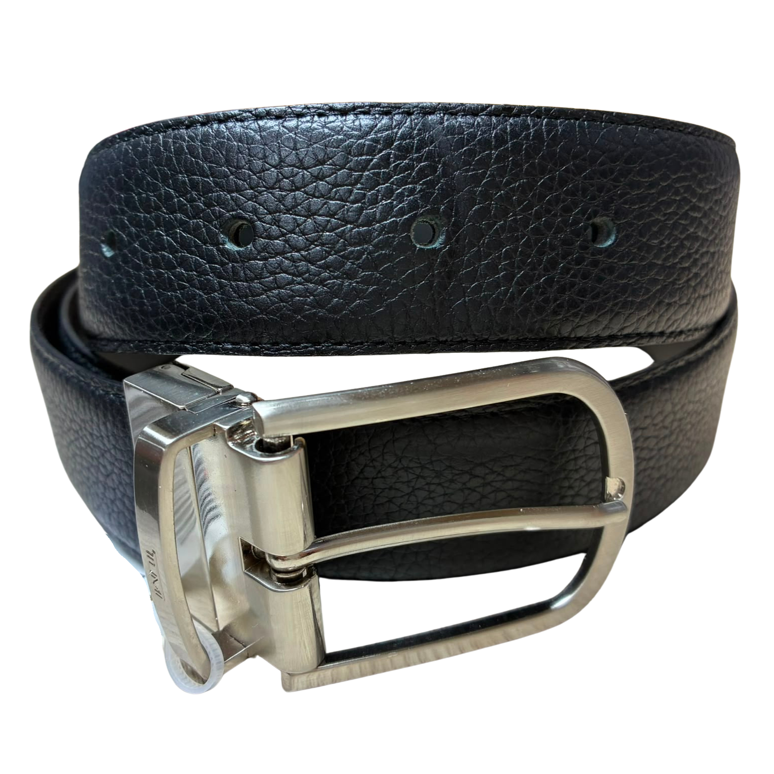 Tumi Reversible Adjustable Leather Belt Black Strap Silver Toned Buckle Rectabgular Pin