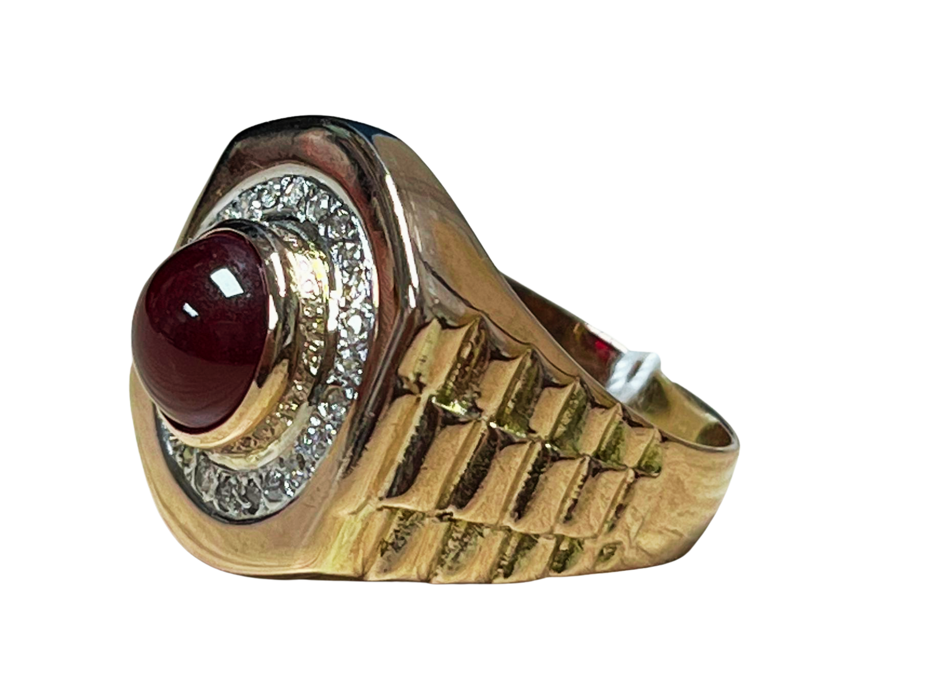 750YG Red Stone And Diamond Mens Signet Style Ring 8.9GM
