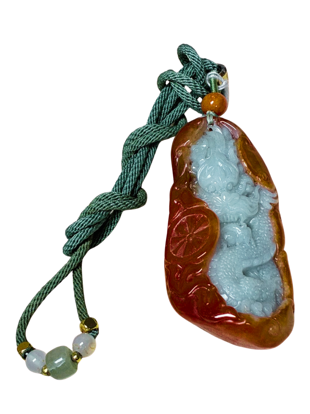 Carved Chinese Green Reddish Jadeite Dragon Pendant With Cord Necklace