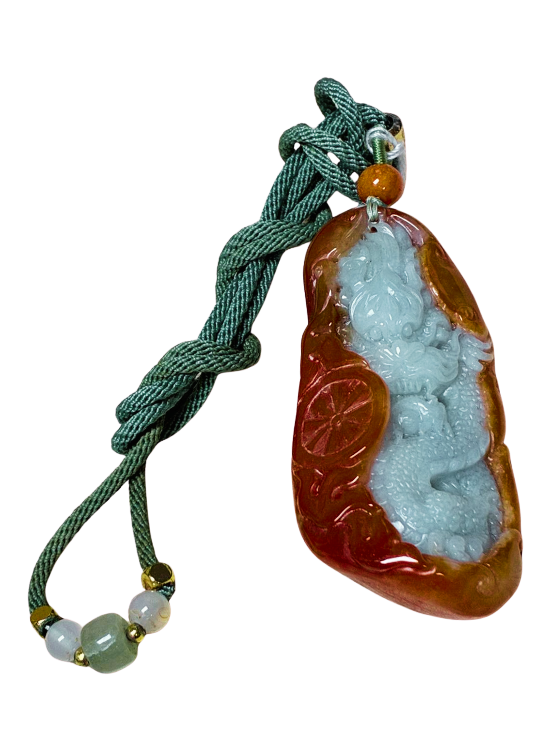 Carved Chinese Green Reddish Jadeite Dragon Pendant With Cord Necklace