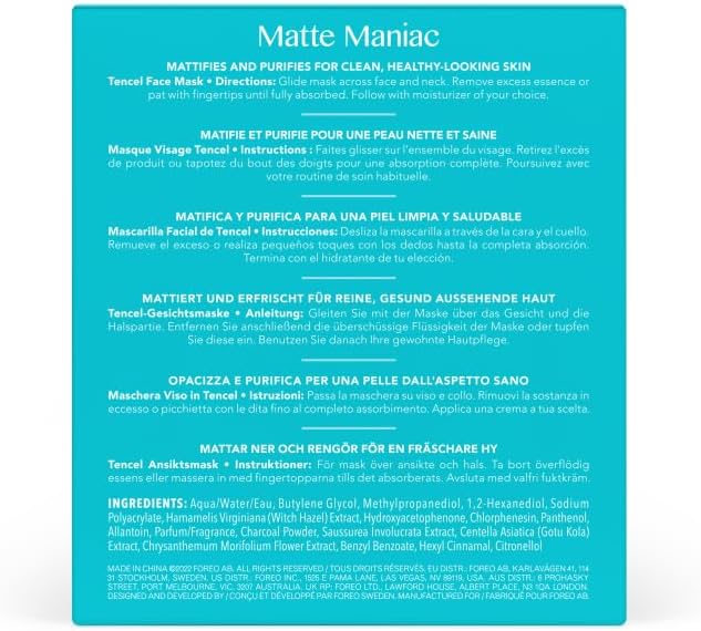 Matte Maniac Advanced Collection 2.0 UFO-Activated Facial Mask - Hydrating Facial - Beauty & Personal Care - Witch Hazel & Charcoal - For All Skin Types & Blemish-prone - Oily Skin - 6 pcs in Pack