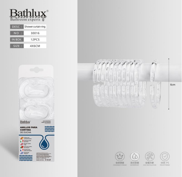 Bathlux 30016 Clear Plastic Shower Curtain Rings Main image