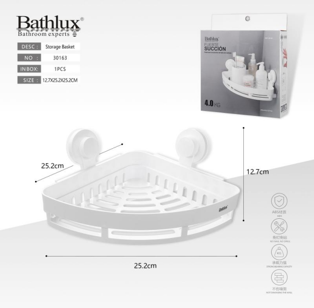 Bathlux 30163 Wall Mounted Shower Corner Shelf With Suction Cups