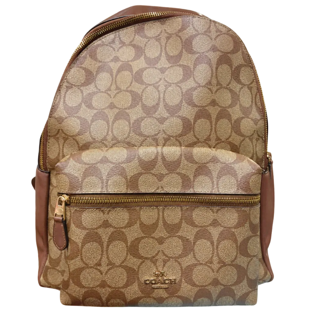 Coach F58314 Large Charlie Backpack Signature Coated Canvas Khaki Saddle Brown