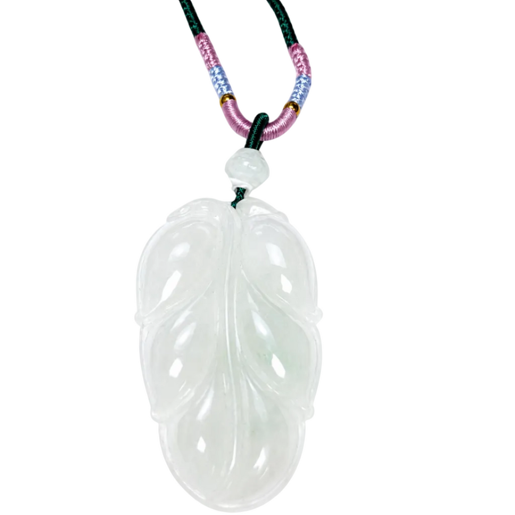 Fei Cui White A Jade Leaf Pendant Necklace