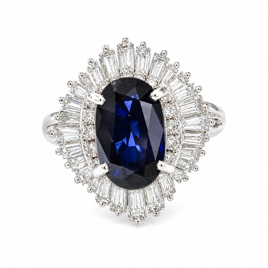 PT900  Ballerina Cluster Ring Oval Deep Blue Sapphire Framed By Tiered Halo Of Tapered Baguette And Round Diamonds 9.0G Size 11