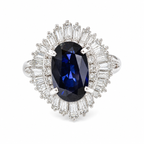 PT900  Ballerina Cluster Ring Oval Deep Blue Sapphire Framed By Tiered Halo Of Tapered Baguette And Round Diamonds 9.0G Size 11