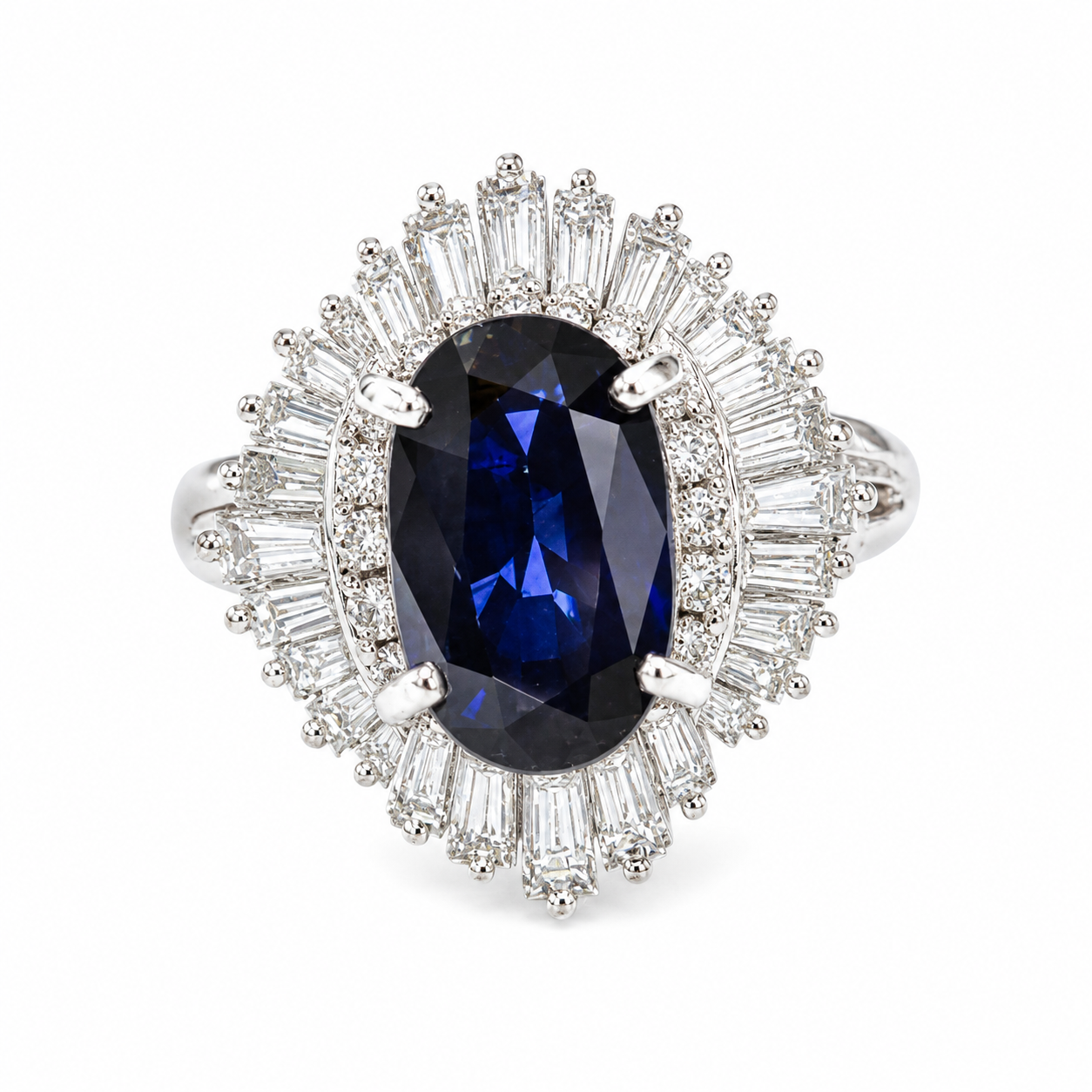PT900  Ballerina Cluster Ring Oval Deep Blue Sapphire Framed By Tiered Halo Of Tapered Baguette And Round Diamonds 9.0G Size 11
