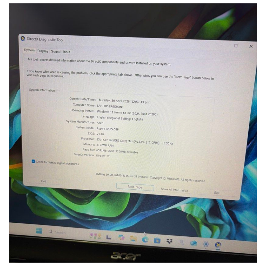 Acer Aspire 5 A515-58P i5-1335U 13Gen 8GB Ram 512SSD 15.6” Win 11 Home Laptop