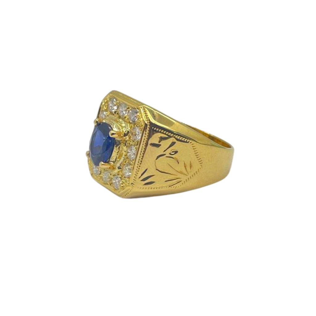 850 Yellow Gold Natural Blue Sapphire & Diamond Men’s Ring