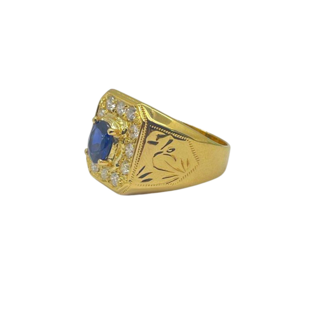850 Yellow Gold Natural Blue Sapphire & Diamond Men’s Ring