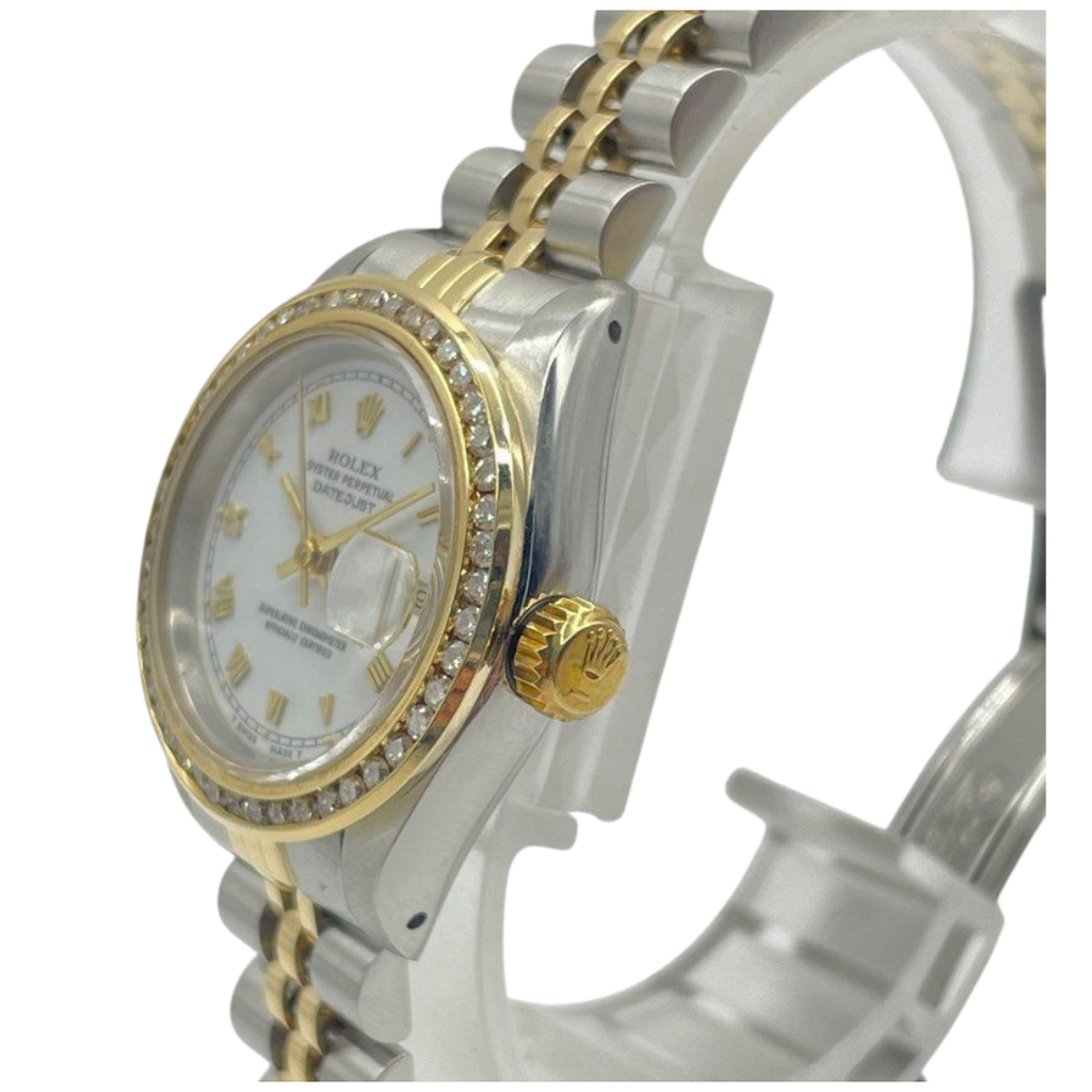 Rolex Datejust 26mm Half Gold Diamond Bezel White Roman Dial Watch 69240