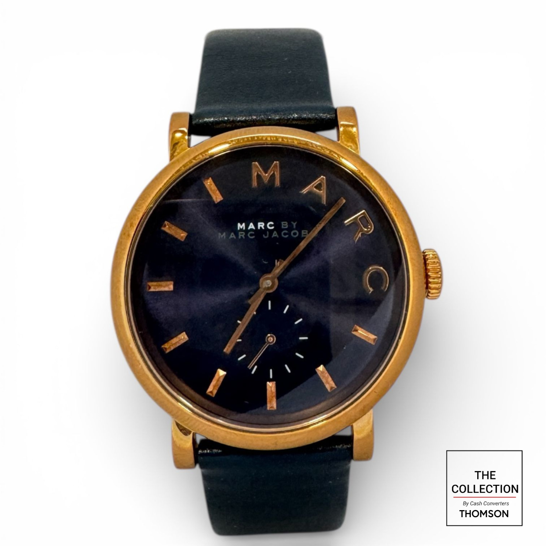 WATCH-UNI/QZ/BLACK DIAL/GOLD/LTHR STRAP/BOX MARC JACOBS