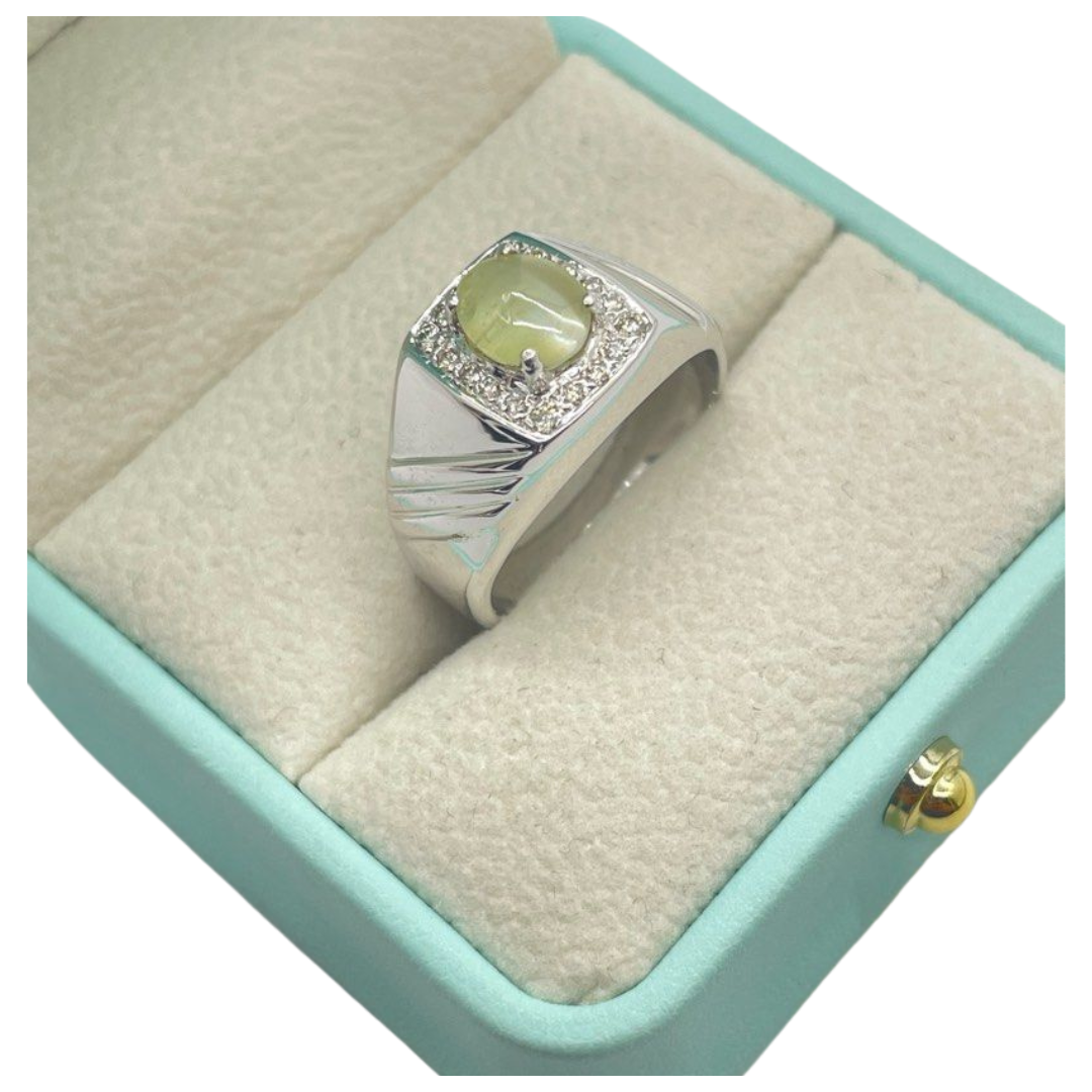 750 White Gold Natural Cat’s Eye & Diamond Men's Ring