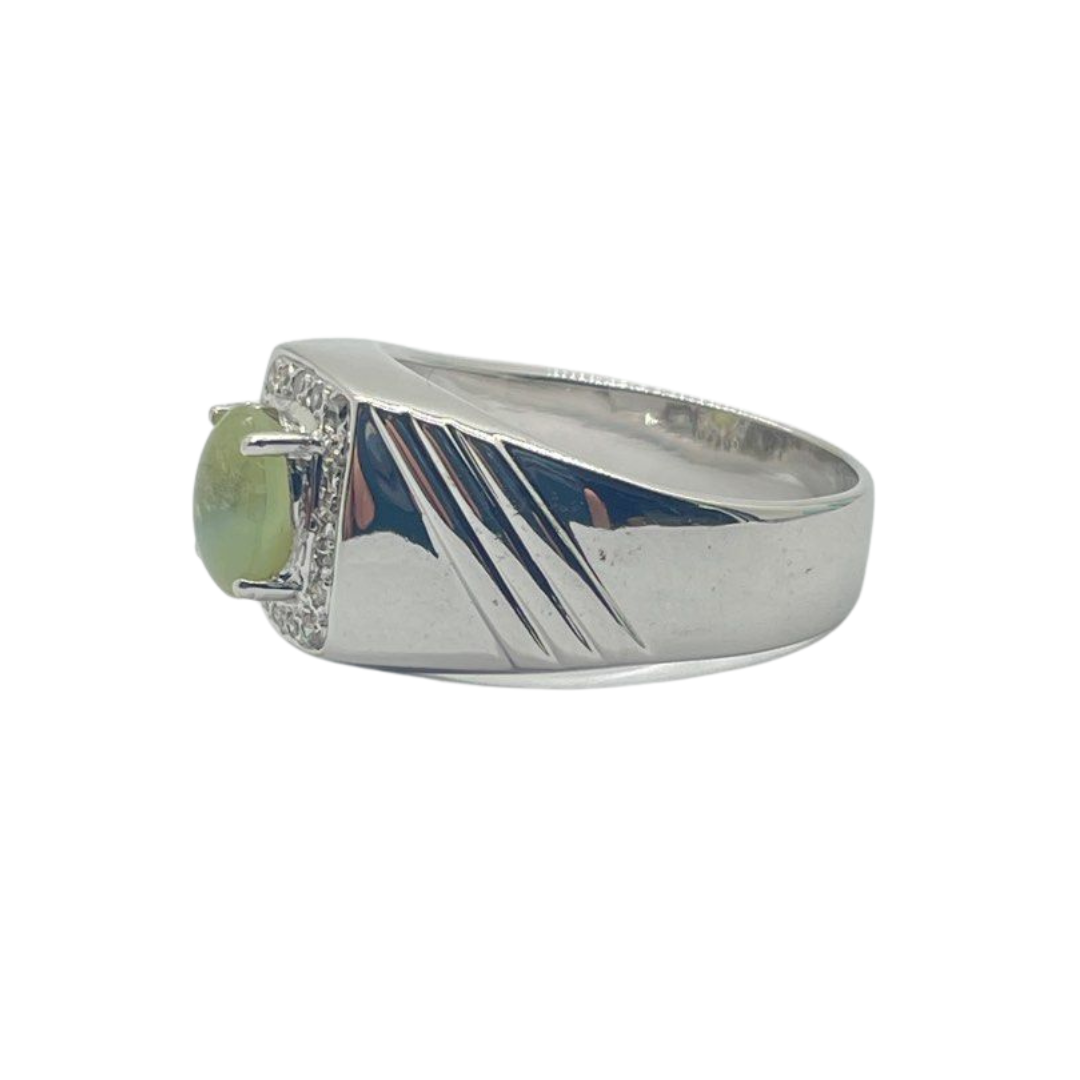 750 White Gold Natural Cat’s Eye & Diamond Men's Ring