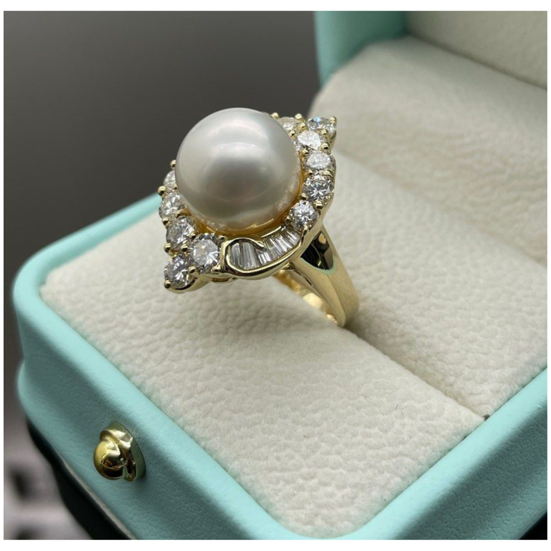 Natural South Sea Pearl & Diamond Ladies Ring 18K Yellow Gold with Cert