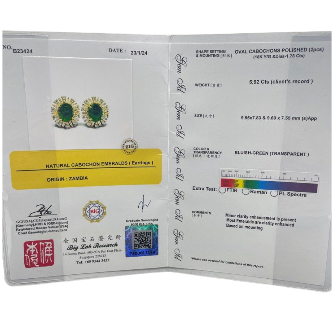 750 Yellow Gold Emerald & Diamond Earring With Cert Secondary image