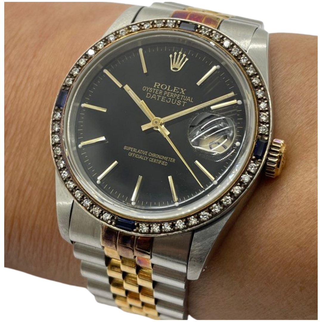 Rolex Datejust 16233 36mm Half Gold Diamond Bezel Automatic Black Dial Watch