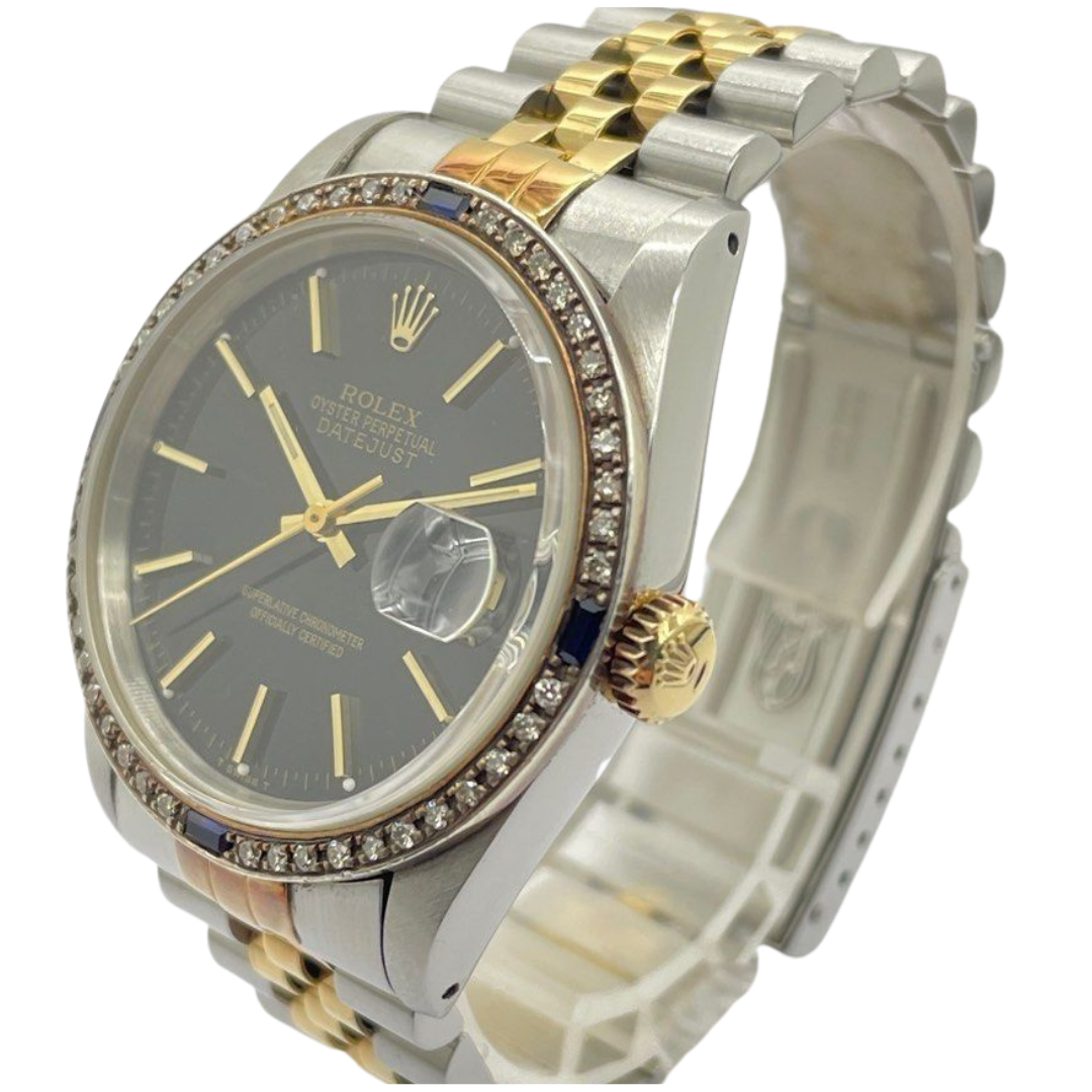 Rolex Datejust 16233 36mm Half Gold Diamond Bezel Automatic Black Dial Watch