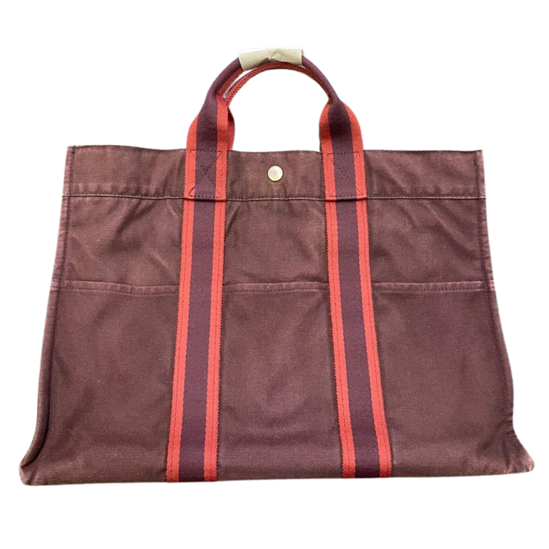 Hermes Fool Toe GM Tote Bag Canvas Burgundy, Red Stripes