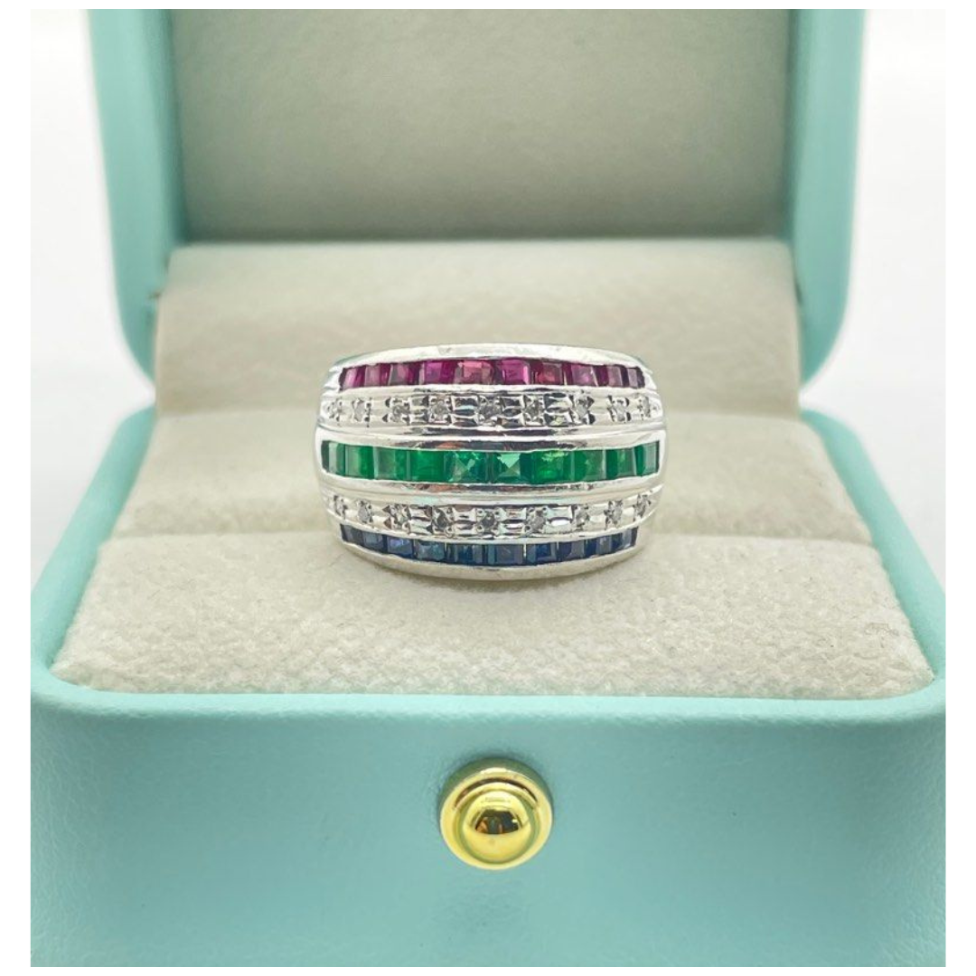PT900 Natural Ruby, Emerald, Sapphire, Diamond Ring