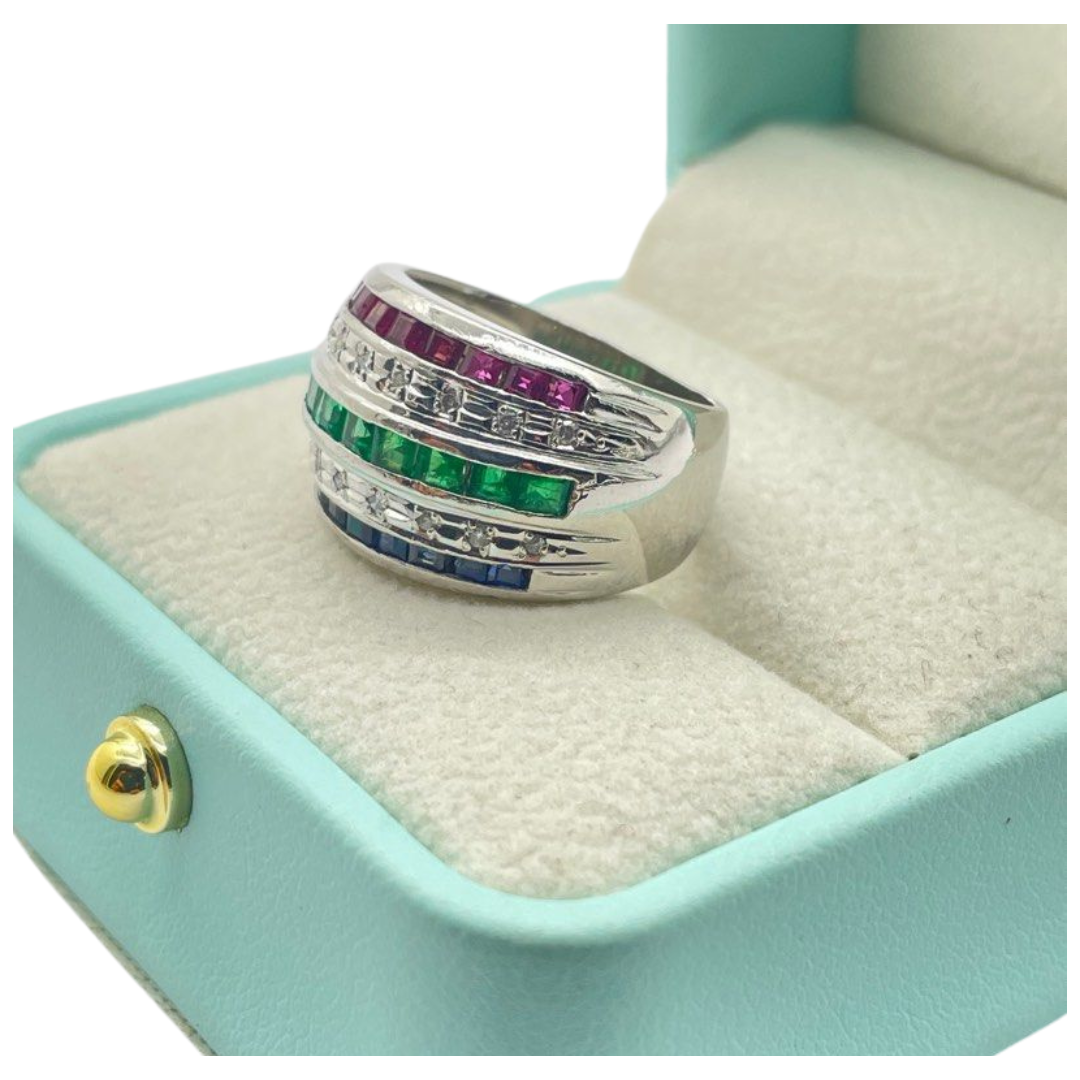 PT900 Natural Ruby, Emerald, Sapphire, Diamond Ring