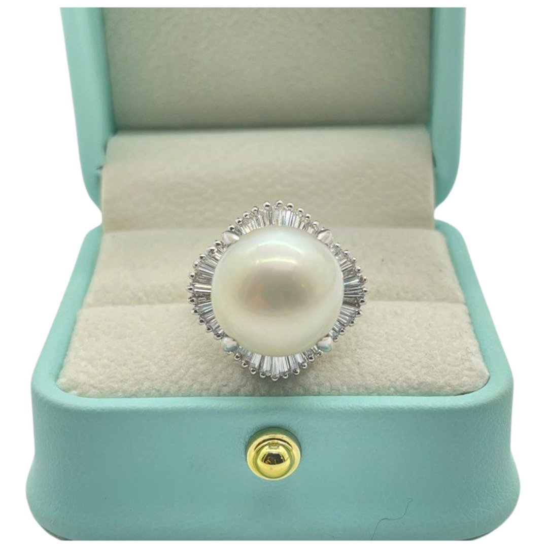 PT900 Natural South Sea Pearl & Diamond Ladies Ring
