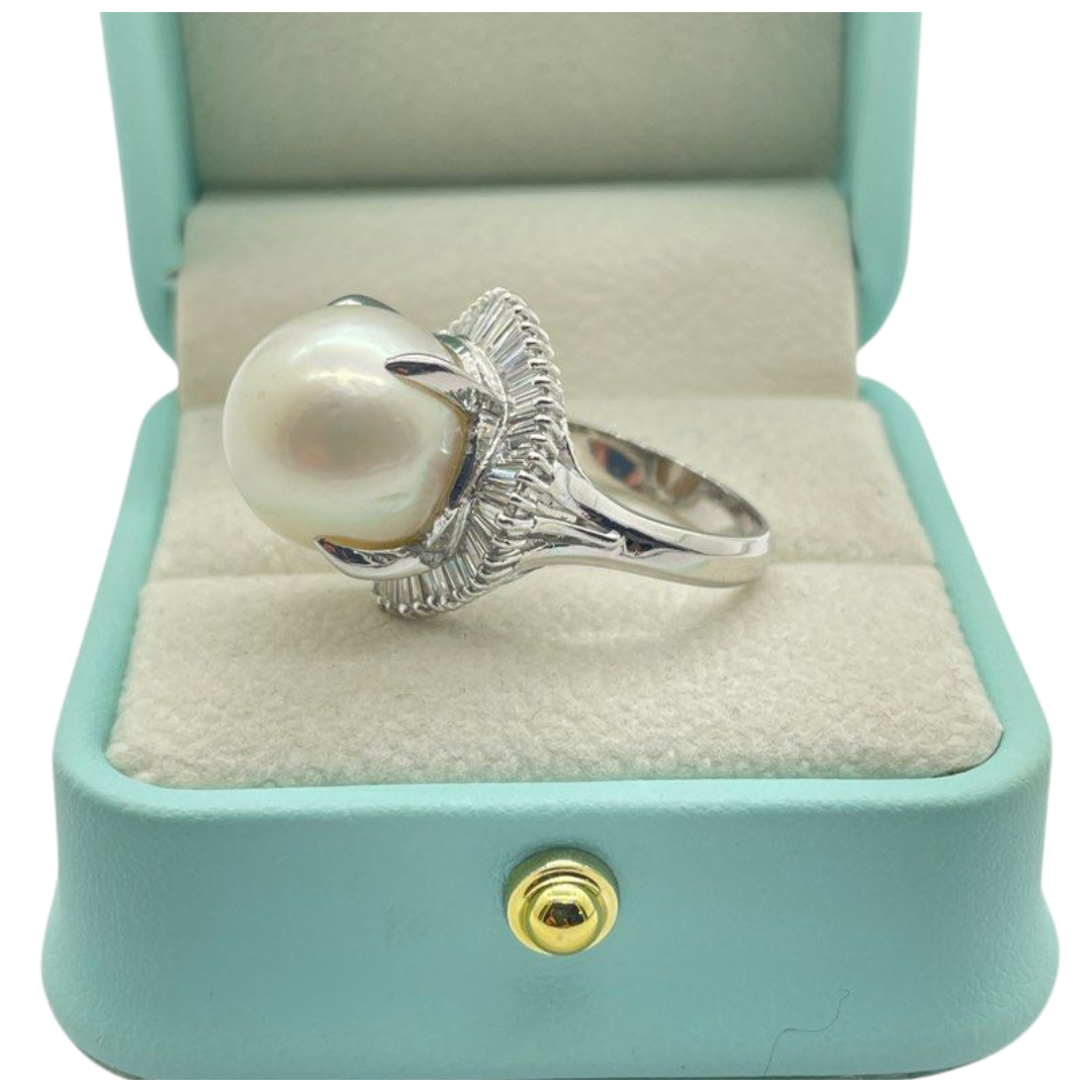 PT900 Natural South Sea Pearl & Diamond Ladies Ring
