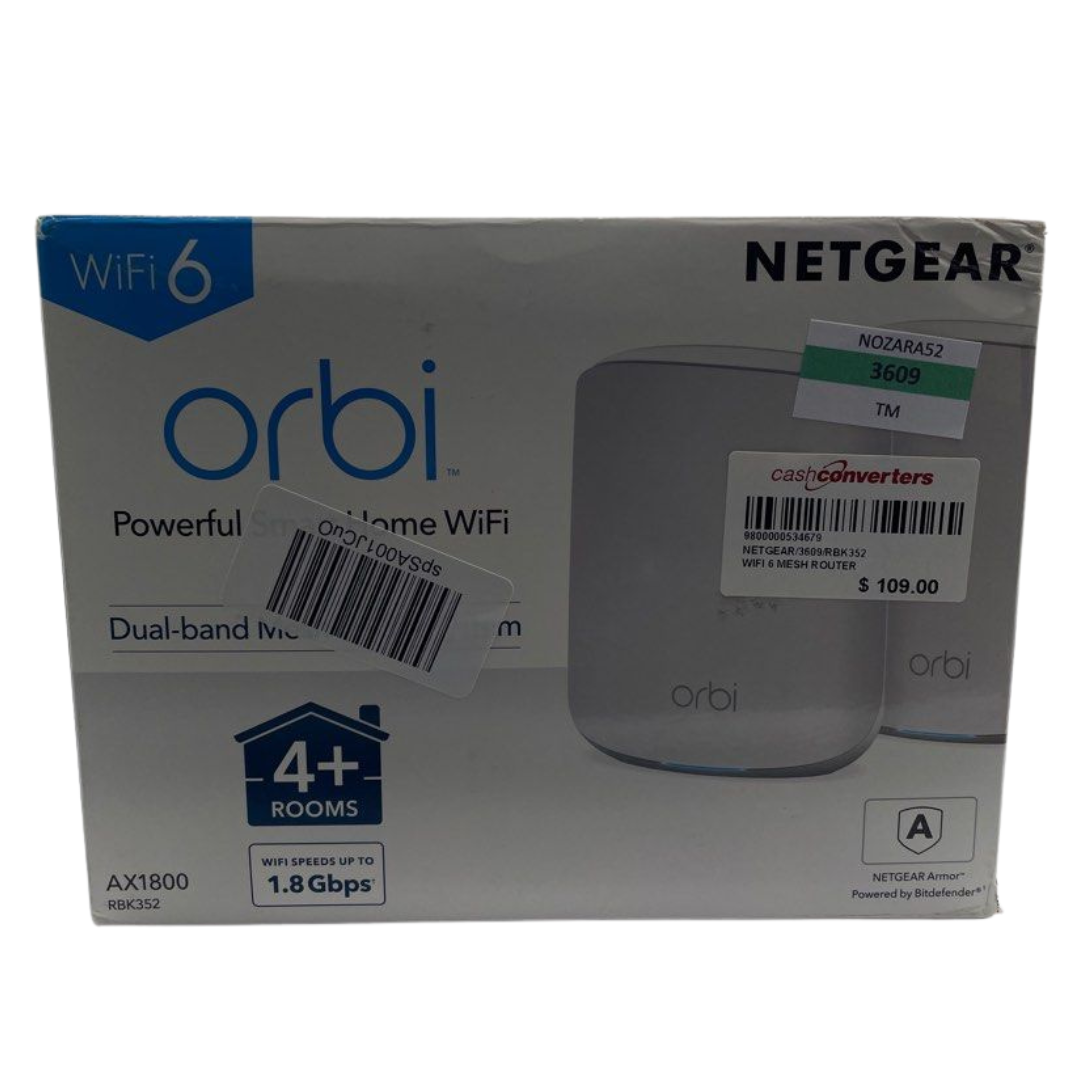 NETGEAR Orbi Mesh WiFi System (RBK352) | WiFi 6 Mesh Router with 1 Satellite Extender |WiFi Mesh Whole Home Dual Band Coverage up to 2,500 sq. ft. and 30+ Devices | AX1800 WiFi 6 (Up to 1.8 Gbps)