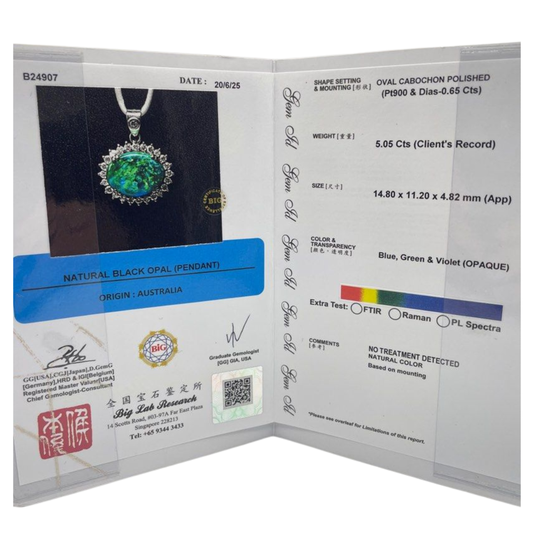 PT900 Natural Black Opal & Diamond Pendant