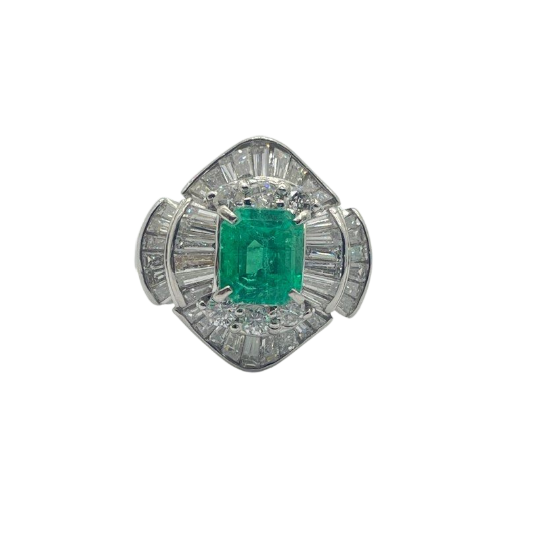 PT900 Natural Emerald & Diamond Ladies Ring