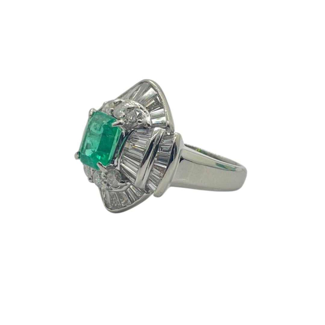 PT900 Natural Emerald & Diamond Ladies Ring