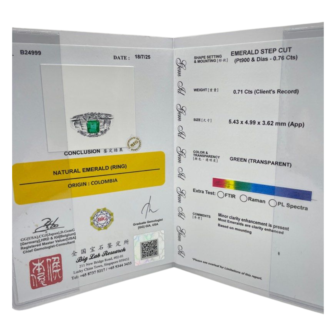 Natural Emerald & Diamond PT900 Ring w/Cert