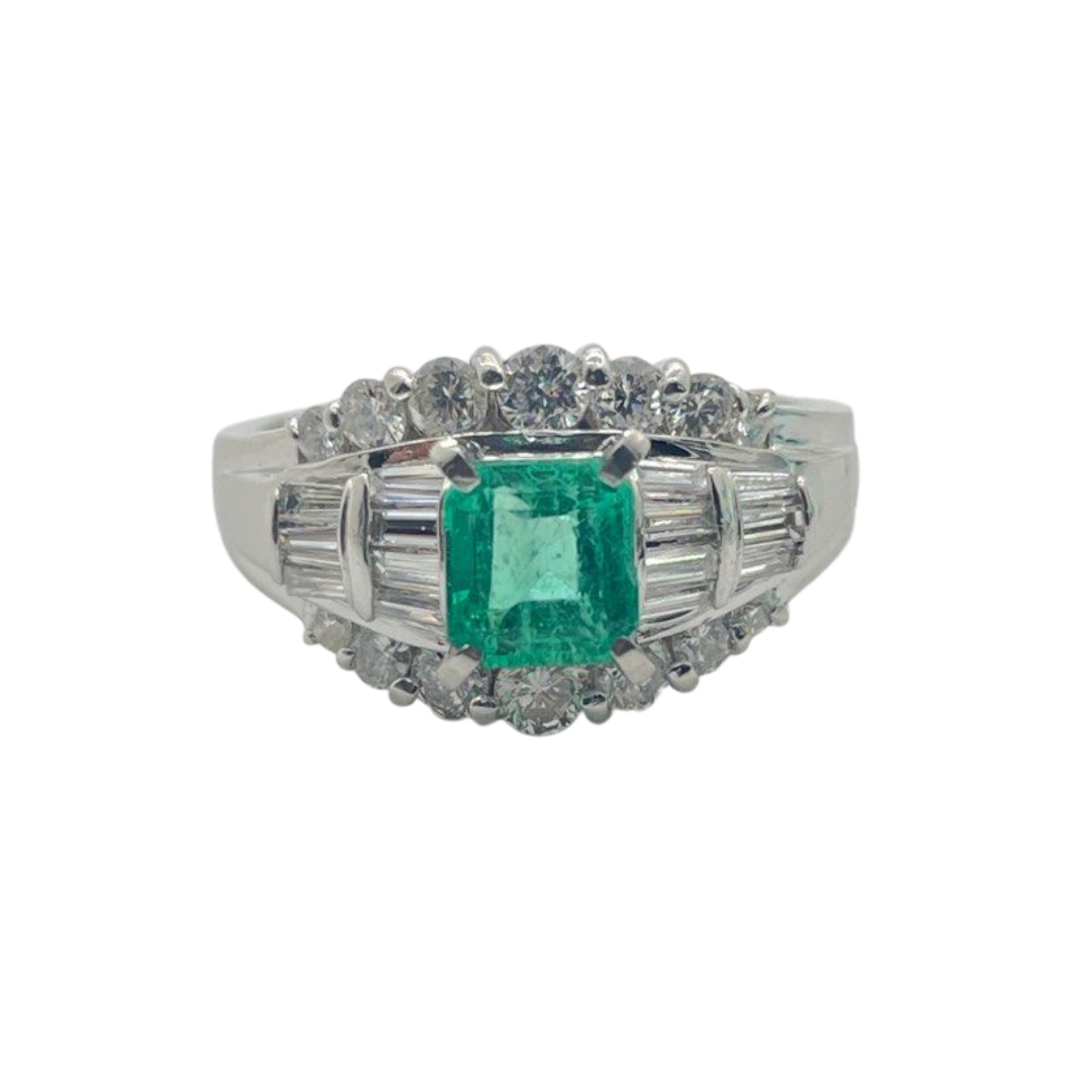 Natural Emerald & Diamond PT900 Ring w/Cert