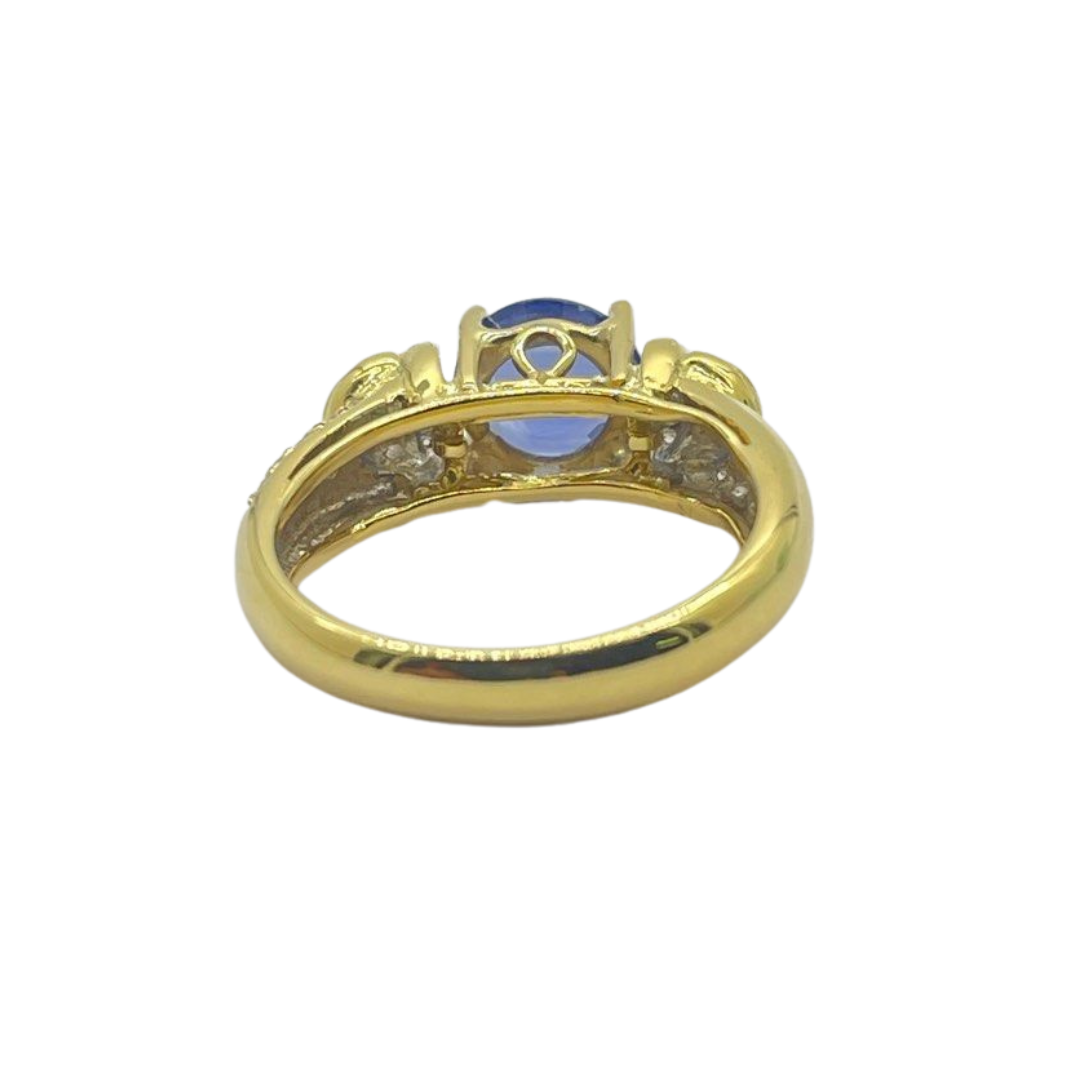 750 Yellow Gold Natural Blue Sapphire & Diamond Ladies Ring