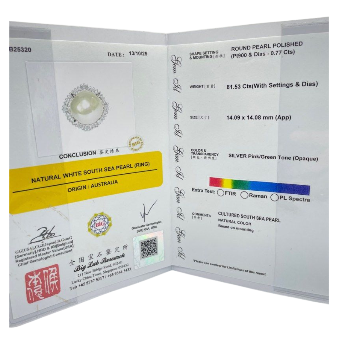 PT900 Natural White South Sea Pearl & Diamond Ring w/Cert