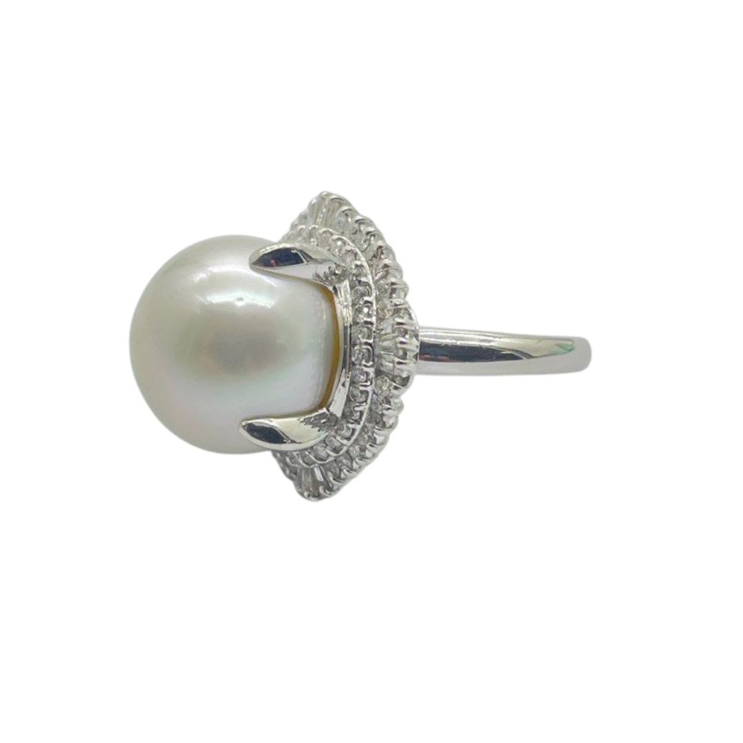 PT900 Natural White South Sea Pearl & Diamond Ring w/Cert
